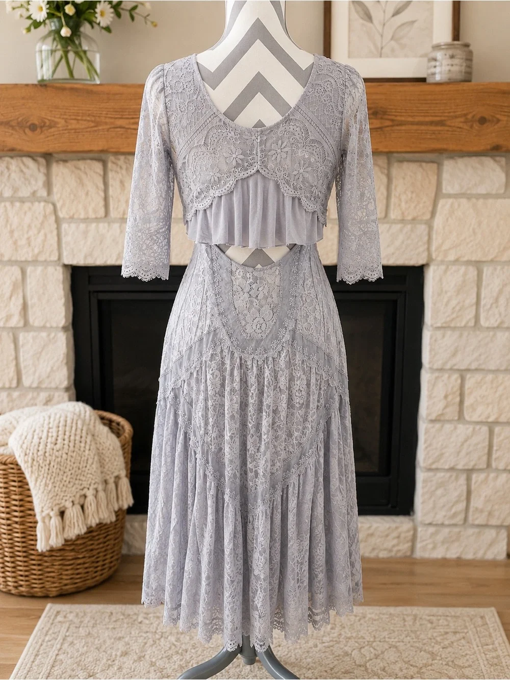 Free People Gray Lace Boho Midi Maxi Dress SIZE XS